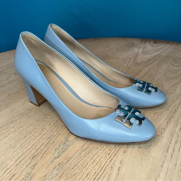 Tory Burch Raleigh Leather Pumps Block Heel 70MM Silver Baby Blue Women’s 7.5 - Picture 1 of 12